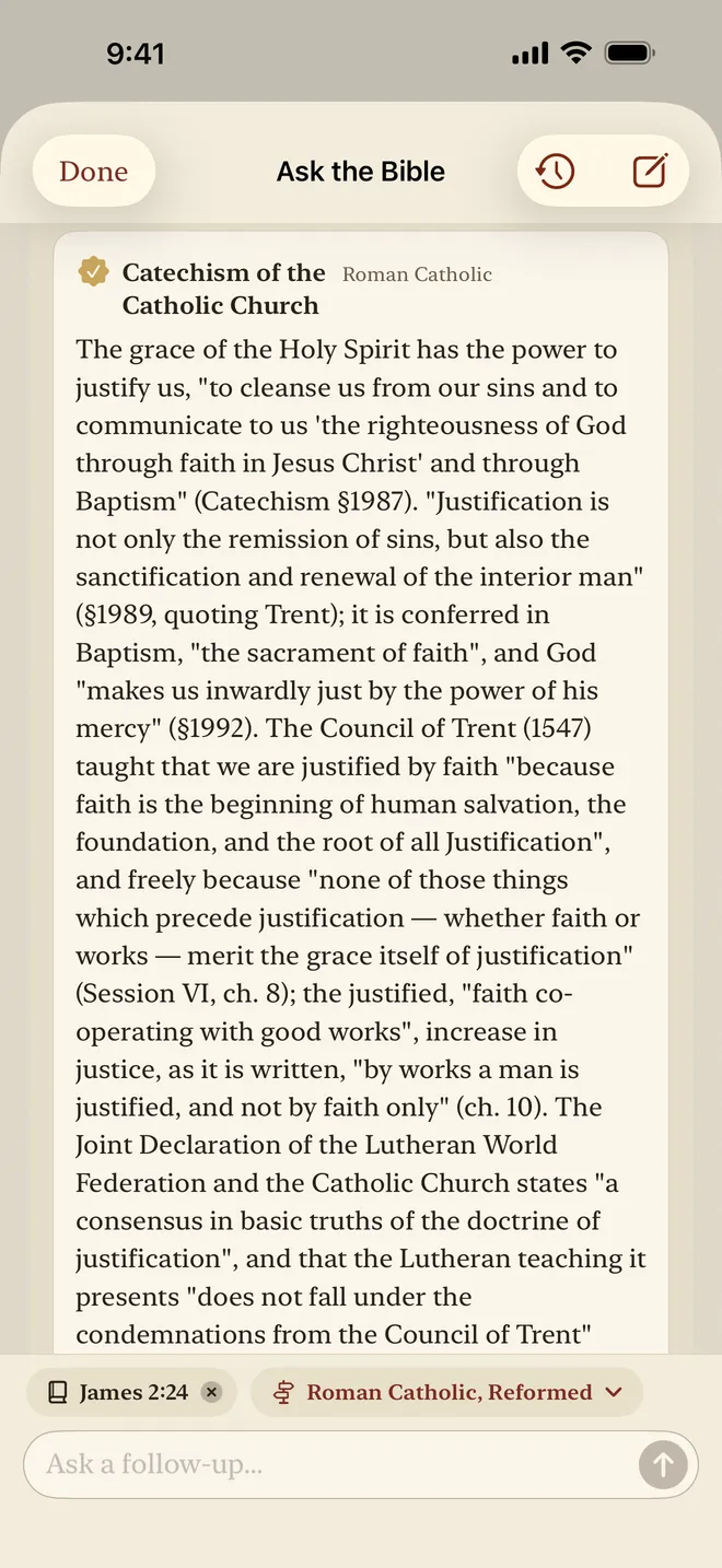 Ask the Bible on James 2:24: the Catechism of the Catholic Church quoted, with the Reformed reading beside it