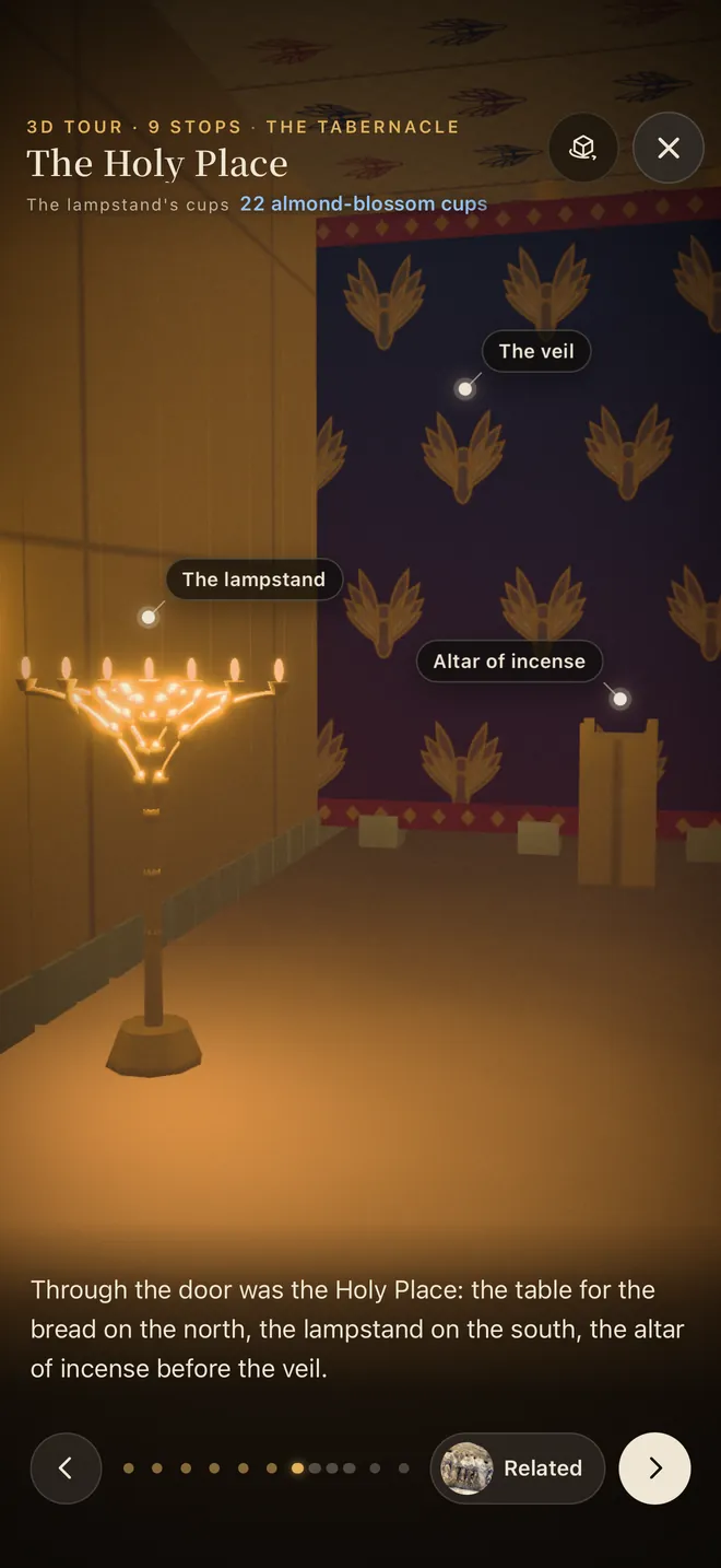 The Holy Place of the Tabernacle in 3D, the lampstand, the veil and the altar of incense labelled